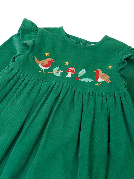 Frugi Kids' Maud Embroidered Corduroy Dress, Holly Green/Robin - view 2, Holly Green/Robin