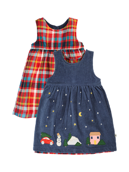 Frugi Kids' Rosalie Reversible Dress, Navy/Festive Check, Navy/Festive Check