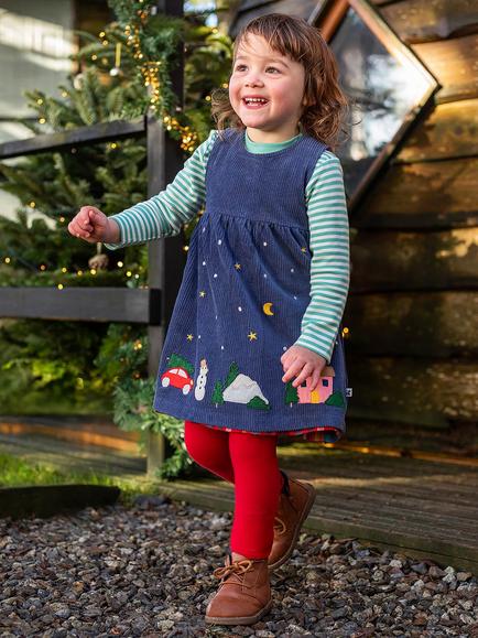 Frugi Kids' Rosalie Reversible Dress, Navy/Festive Check - view 2, Navy/Festive Check