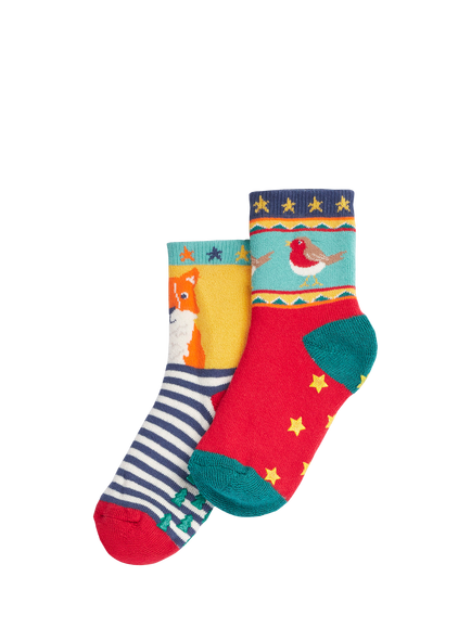 Frugi Baby Grippy Crew Socks, Pack of 2, Foxfairislemultipack, Foxfairislemultipack