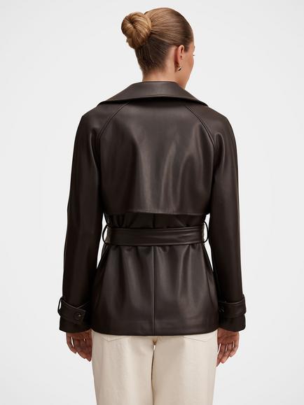 Forever New Payton Short Vegan Leather Trench Coat, Chocolate - view 2, Chocolate