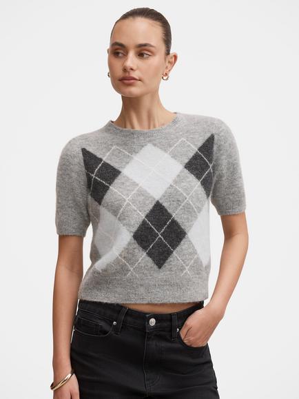 Forever New Andy Argyle Fluffy Knitted T-Shirt, Grey Argyle, Grey Argyle
