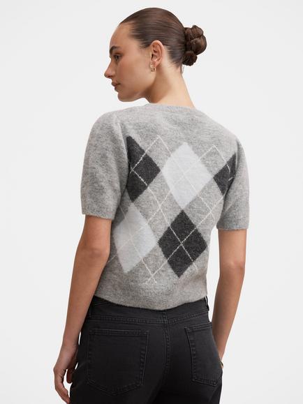Forever New Andy Argyle Fluffy Knitted T-Shirt, Grey Argyle - view 2, Grey Argyle