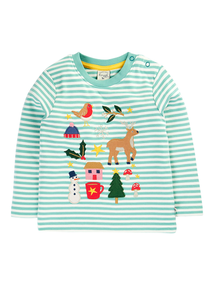 Frugi Kids' Long Sleeve Stripe Applique Top, Moss Stripe/Winter, Moss Stripe/Winter
