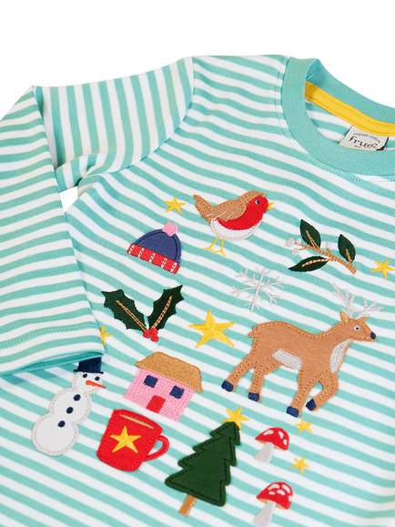 Frugi Kids' Long Sleeve Stripe Applique Top, Moss Stripe/Winter - view 2, Moss Stripe/Winter