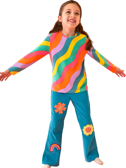 Frugi Kids' Flared Corduroy Trousers, Boat Blue/Rainbow - view 2, Boat Blue/Rainbow