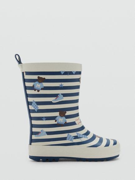 Mango Kids' Striped Teddy Bear Wellington Boots, Sky Blue, Sky Blue