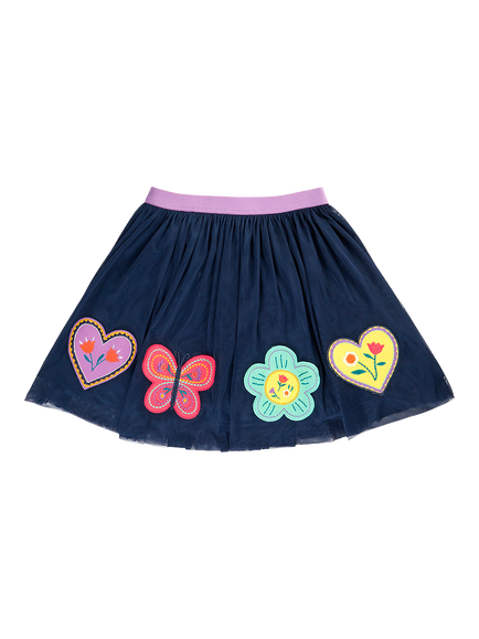 Frugi Kids' Scarlet Applique Twirly Skirt, Navy/Multi, Navy/Multi