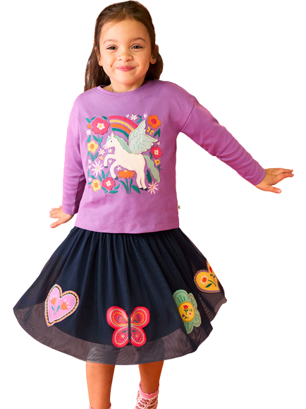Frugi Kids' Scarlet Applique Twirly Skirt, Navy/Multi - view 2, Navy/Multi