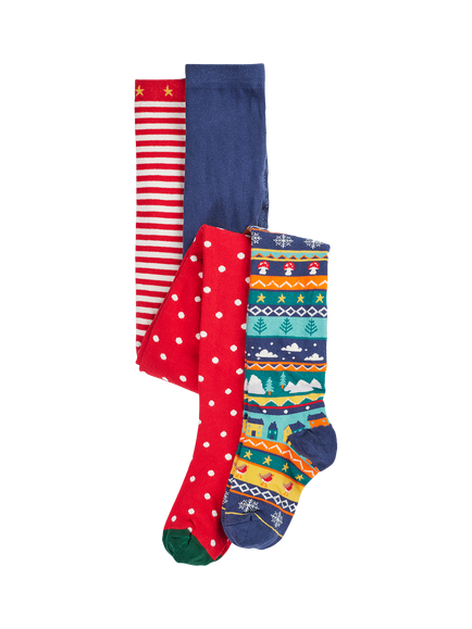 Frugi Kids' Norah Fair Isle & Spot Tights, Pack of 2, Multi, Multi