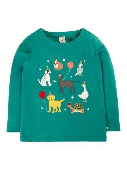 Frugi Kids' Anna Long Sleeve Applique Top, Hut Green/Paw-ty, Hut Green/Paw-ty