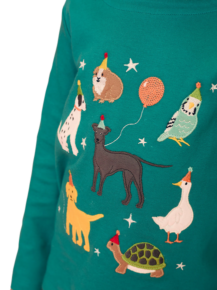 Frugi Kids' Anna Long Sleeve Applique Top, Hut Green/Paw-ty - view 2, Hut Green/Paw-ty