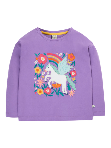 Frugi Kids' Bethany Long Sleeve Applique Top, Periwinkle/Pegasus, Periwinkle/Pegasus