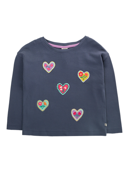 Frugi Kids' Bethany Long Sleeve Applique Top, Navy Blue/Hearts, Navy Blue/Hearts