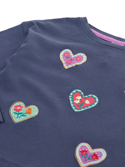 Frugi Kids' Bethany Long Sleeve Applique Top, Navy Blue/Hearts - view 2, Navy Blue/Hearts