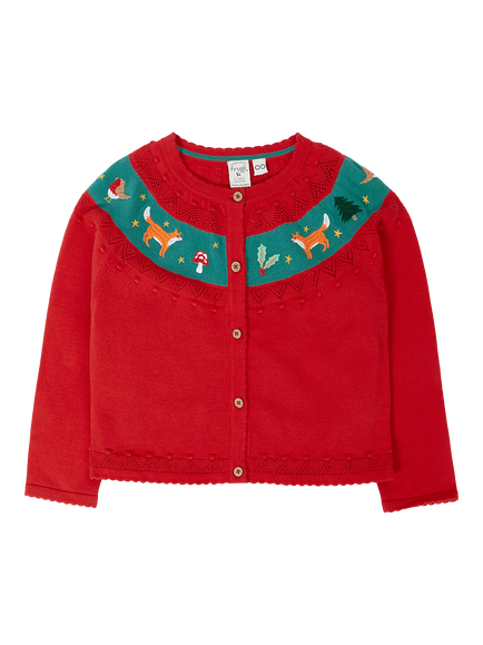 Frugi Kids' Ishbel Cotton Embroidered Cardigan, Scarlet/Fox, Scarlet/Fox