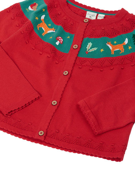 Frugi Kids' Ishbel Cotton Embroidered Cardigan, Scarlet/Fox - view 2, Scarlet/Fox