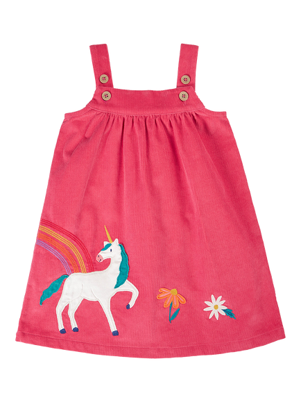 Frugi Kids' Agatha Corduroy Pinafore Dress, Rose/Unicorn, Rose/Unicorn