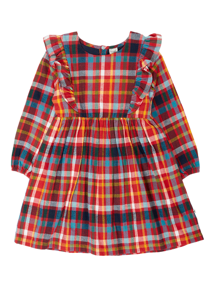 Frugi Kids' Agnes Long Sleeve Brushed Cotton Dress, Festive Check, Festive Check