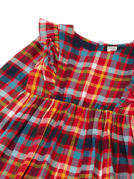 Frugi Kids' Agnes Long Sleeve Brushed Cotton Dress, Festive Check - view 2, Festive Check