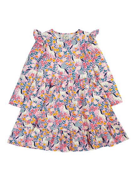 Frugi Kids' Annika Long Sleeve Skater Dress, Floral Flight, Floral Flight