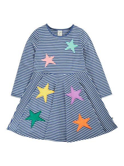 Frugi Kids' Long Sleeve Applique Skater Dress, Navy Breton/Star, Navy Breton/Star