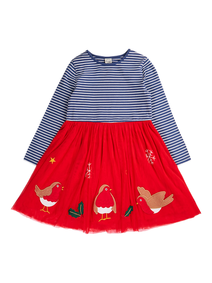 Frugi Kids' Emmie Long Sleeve Skater Dress, Navy Stripe/Robin, Navy Stripe/Robin