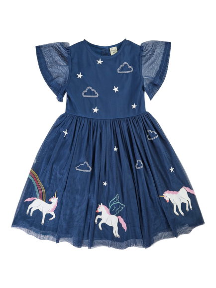 Frugi Kids' Penny Unicorn Applique Party Dress, Navy/Multi, Navy/Multi