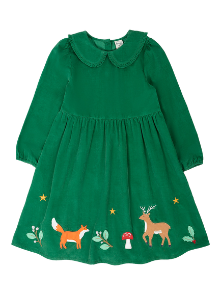 Frugi Kids' Peony Long Sleeve Corduroy Dress, Holly Green/Multi, Holly Green/Multi