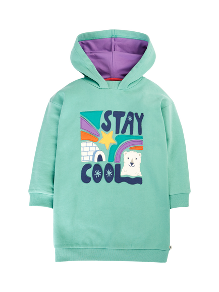 Frugi Kids' Ria Cotton Slogan Hoodie Dress, Moss/Multi, Moss/Multi