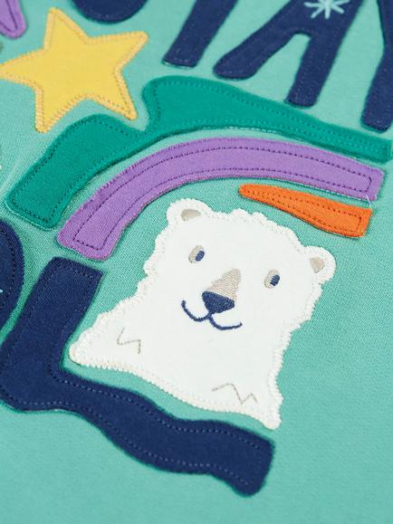 Frugi Kids' Ria Cotton Slogan Hoodie Dress, Moss/Multi - view 2, Moss/Multi