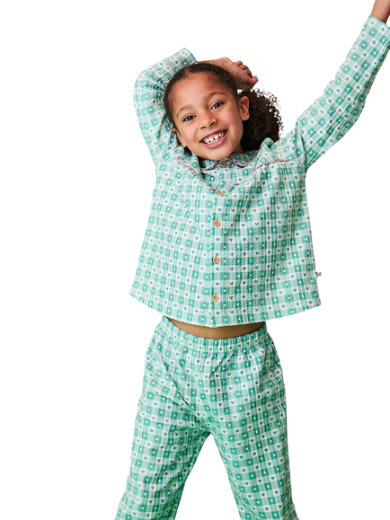 Frugi Kids' Hayley Cotton Check Traditional Pyjama Set, Magic Nights - view 2, Magic Nights