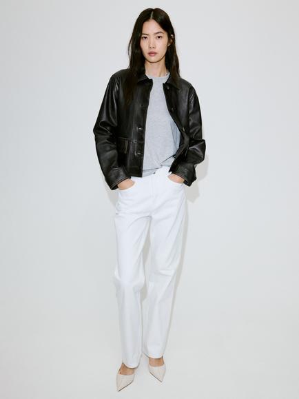 Mango Worn Effect Collard Leather Jacket, Brown, Brown