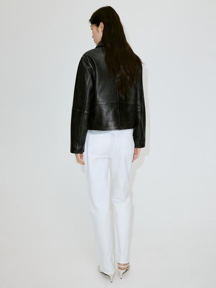 Mango Worn Effect Collard Leather Jacket, Brown - view 2, Brown