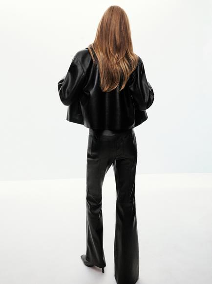 Mango Leather Collard Zip Up Jacket, Black - view 2, Black