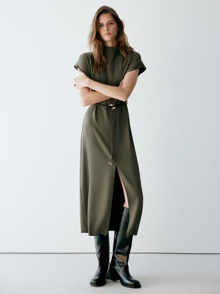 Mango High Neck Belted Dress, Brown, Brown