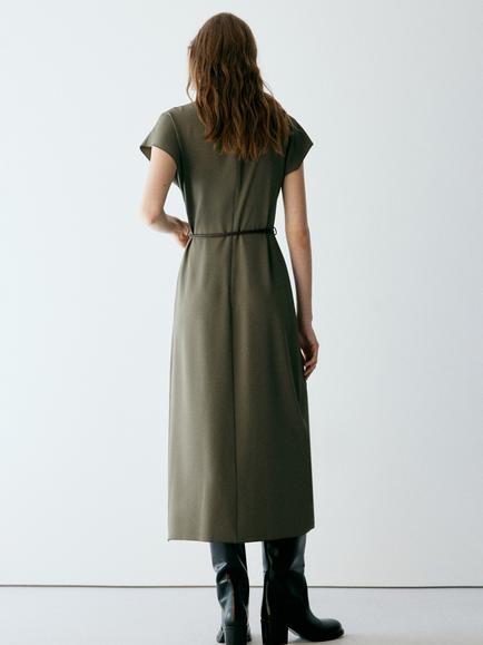 Mango High Neck Belted Dress, Brown - view 2, Brown