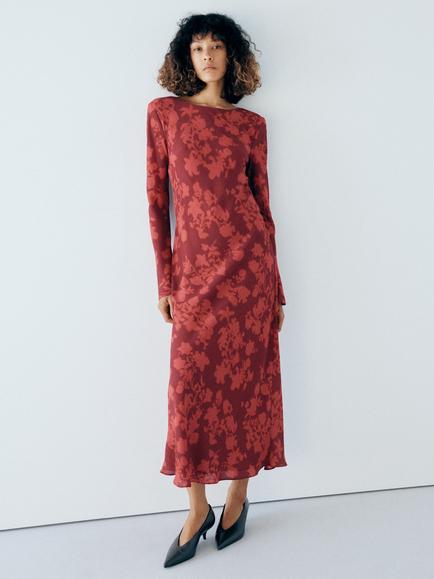 Mango Flowy Long Sleeve Printed Dress, Red, Red