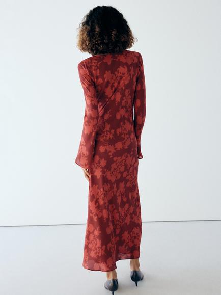 Mango Flowy Long Sleeve Printed Dress, Red - view 2, Red