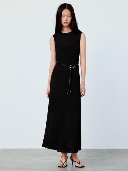 Mango Ruched Sleeveless Belted Midi Dress, Brown, Brown