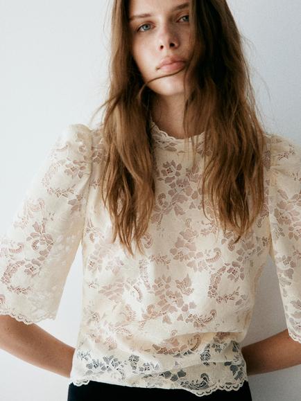 Mango Lace 3/4 Sleeve Scallop Hem Blouse, Raw, Raw