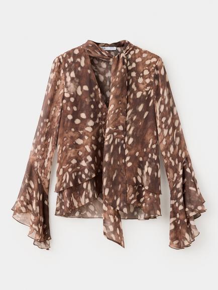 Mango Sheer Tie-Neck Layered Ruffle Blouse, Brown, Brown