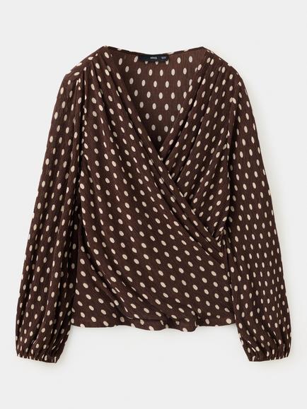 Mango Polka Dot V-Neck Wrap Blouse, Brown, Brown