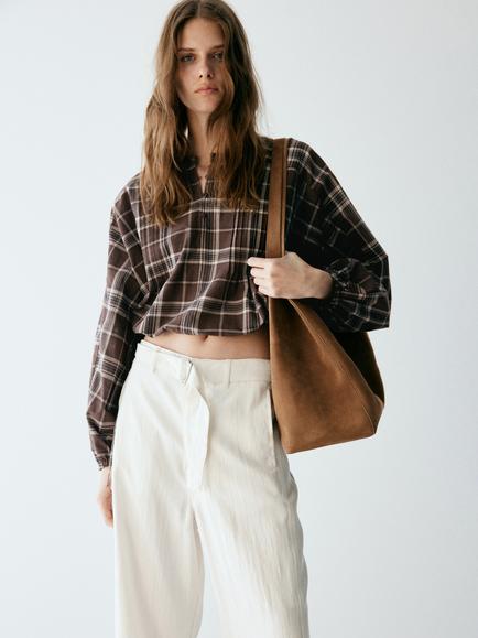 Mango Camisa Long Sleeve Check Shirt, Brown, Brown