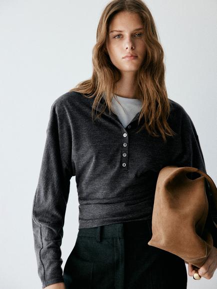 Mango Henley Long Sleeve Top, Grey, Grey