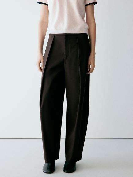 Mango Balloon Pleated Trousers, Chocolate, Chocolate