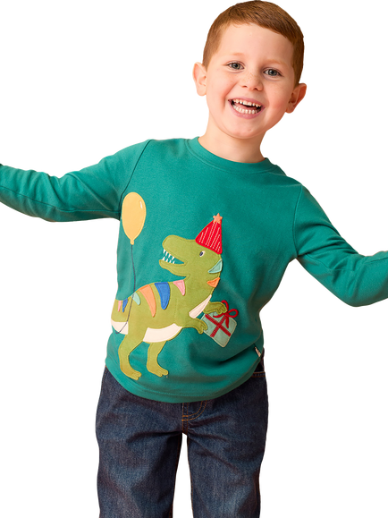 Frugi Kids' Long Sleeve Adventure Applique Top, Hut Green/Multi - view 2, Hut Green/Multi