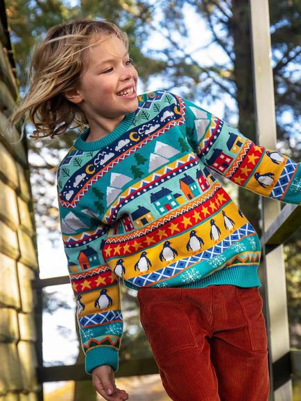 Frugi Kids' Knitted Round Neck Jumper, Festive Fair Isle - view 2, Festive Fair Isle