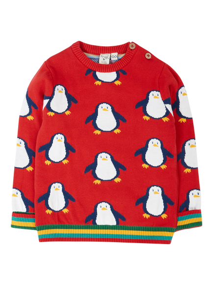Frugi Kids' Jolly Knitted Round Neck Jumper, Scarlet/Penguins, Scarlet/Penguins