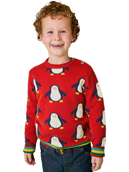 Frugi Kids' Jolly Knitted Round Neck Jumper, Scarlet/Penguins - view 2, Scarlet/Penguins